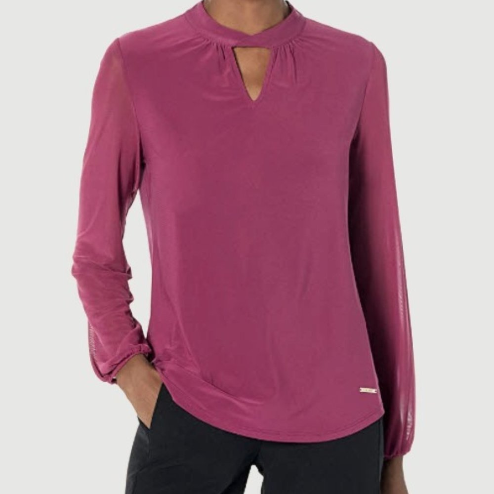 Nine West purple twist neck sheer long sleeved top NWT